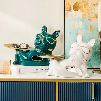 2 in 1 Keramikas Buldoga Suns Statuja Audu Lodziņā Renes Ieejas Konfektes, Rotaslietas, Atslēgu Glabāšanai Rotājumi Mājās Skulptūru Dekorēšanai